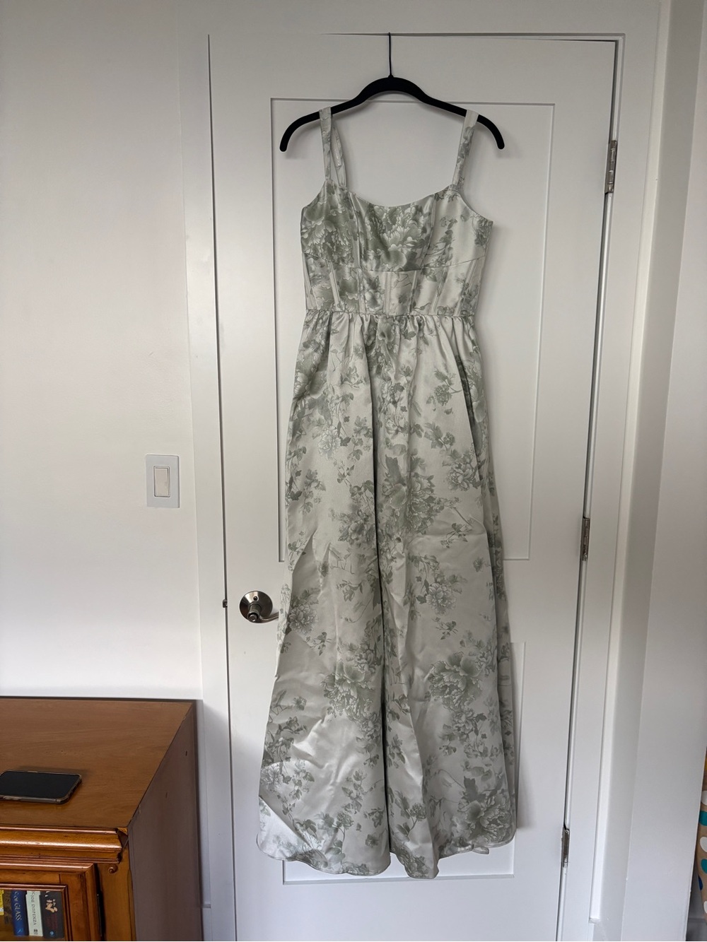 Dessy Collection Pale Sage Floral Jacquard Bridesmaid Dress